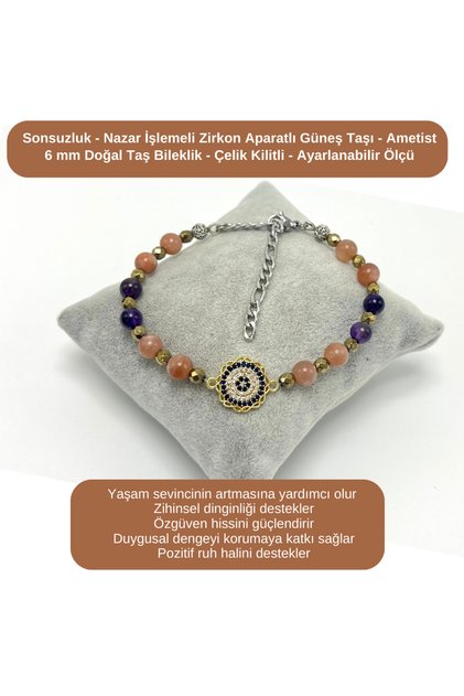 Certified Infinity and Evil Eye Engraved Zircon - Sunstone - Amethyst - 6mm Natural Stone Bracelet