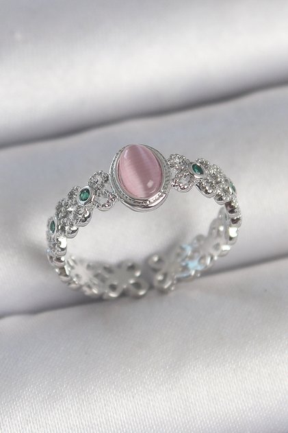 Brass Silver Color Zircon Stone Detailed Pink Enamel Drop Model Adjustable Women's Ring -