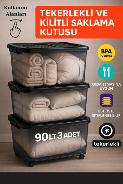 90 Lt Storage 3 Pieces Lockable Storage Anthracite Storage with Wheels