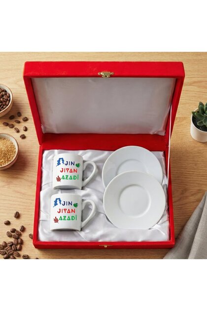 Jin Jiyan Azadi Written Velvet Red Colored Boxed Set of 2 Porcelain Coffee Cups