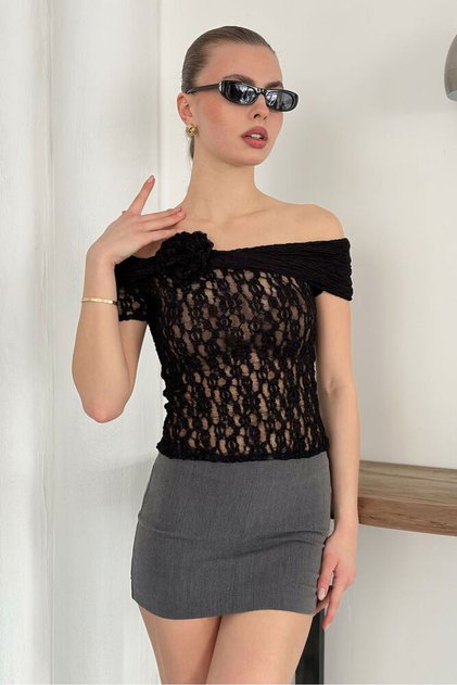 Rose Detailed Lace Evening Dress Blouse - Black | D2749 - Black