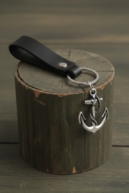 Premium Anchor Design Real Leather Keychain Black Genuine Leather Keychain