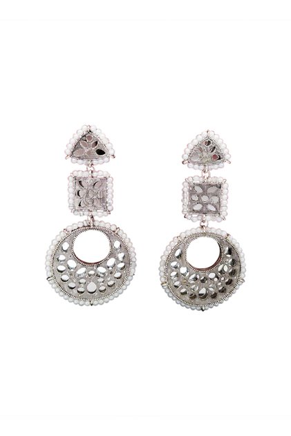 Party wear Designer Fancy style Beautiful Long Antique Mirror Earring Silver