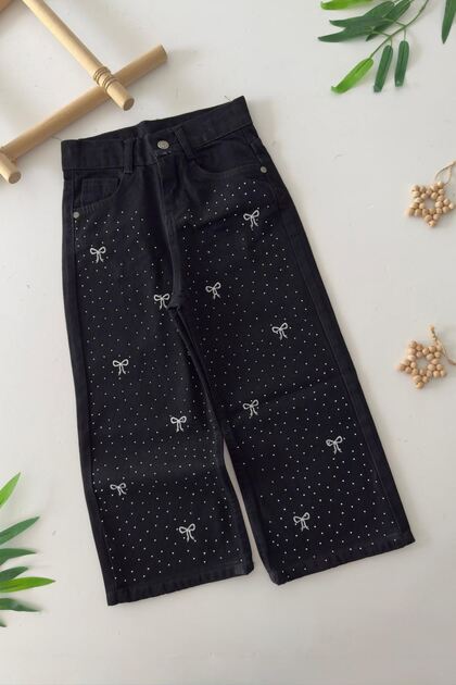 My Little One's Cicileri Bow Stone Detailed Wide Leg Girls' Jeans - Black