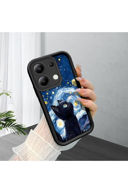 Redmi Note 13 Compatible Silicone Material Shockproof Black Color Case Cat Pattern