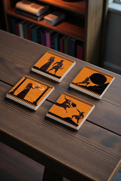 Greek Ancient, Greek Mythology Themed Natural Stone Travertine Coasters Set of 4