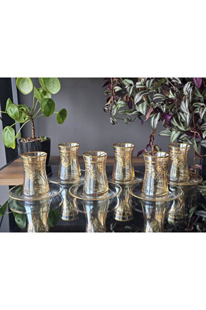 Handmade Crystal Elizabet Amber Lustered 24K Gold Embellished 12 Piece Presentation Tea Set