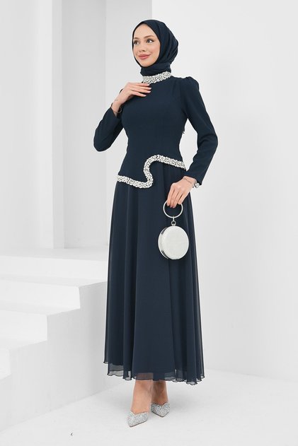 Navy Blue Asymmetrical Detail Embellished Evening Dress