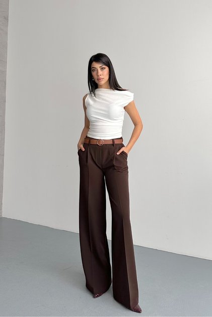 Women's Seasonal Wide-Leg Palazzo Brown Trousers with Pockets and Belt