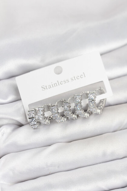 316L Steel Silver Color Baguette Zircon Stone Hoop Earrings Set
