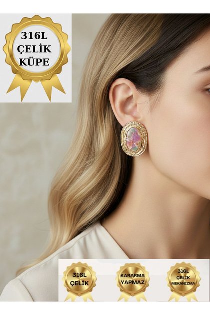 Women's Gold Color Oval Colorful Stone Big Model 316L Stainless Steel Earrings