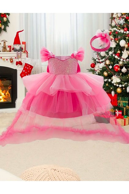 Pink Strapless Girls' Dress with Short Front and Long Back (Tail Can Be Removed)
