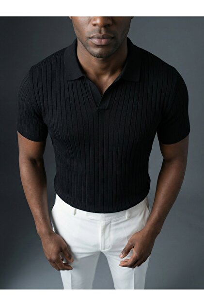 Men's Slim Fit Striped Tricot Polo Collar Cotton Knitted T-Shirt K8026Tr