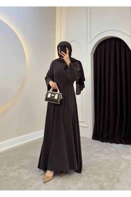 Women's Pleated Hijab Dress with Stitching Detail and Long Flared Skirt