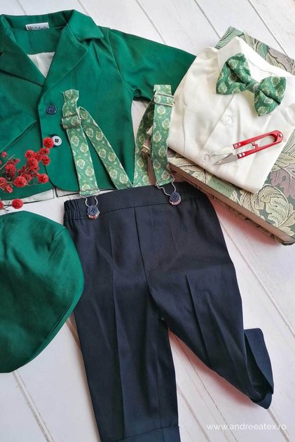 Costum de botez băieți din bumbac cu bretele și papion, 5 piese, verde