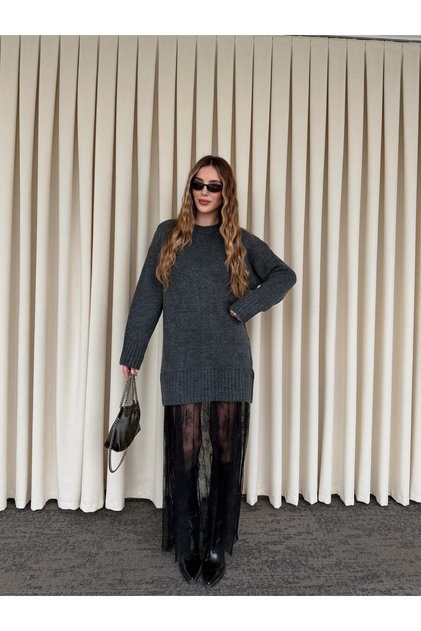 Anthracite Tulle Detailed Long Knitwear Dress - 251009