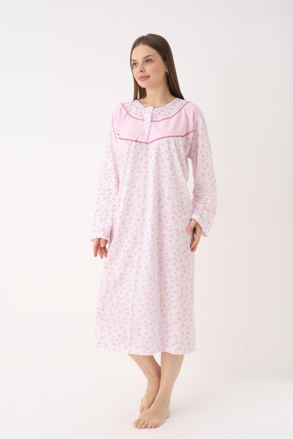 Women's Cotton Long Sleeve Patterned Buttoned Long Nightgown