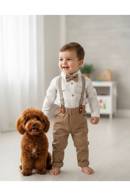 Baby Boy Suit with Bow Tie, Suspender Belt, and Snap Buttons at the Bottom