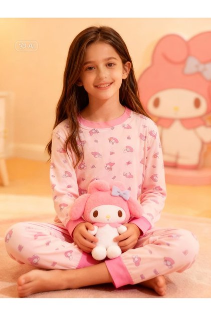 Girl's Pink My Melody Patterned Long Sleeve Cotton Pajama Set with Cuff Details