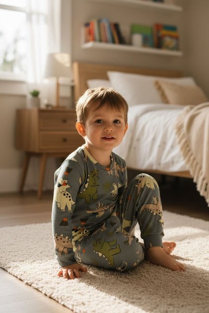 Boys' Pajama Set Green Dinosaur Patterned Interlock Fabric Long Sleeves