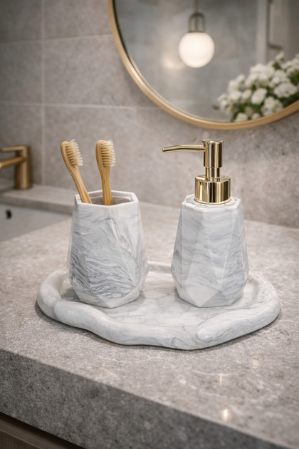 Mermer Desenli Beton 3’lü Banyo Wc Seti Sıvı Sabunluk Diş Fırçalık Dekoratif Aksesuarları