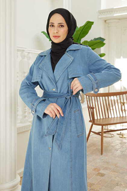 Neways 6458-Uzun Denim Trençkot Mavi - Fiyatı, Yorumları