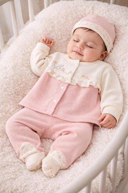 BYS BABY FASHION Flower Çiçek Nakışlı %100 Pamuk Yenidoğan Kız