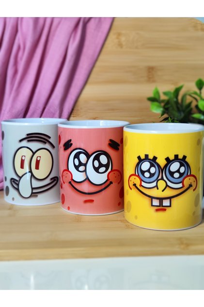 Süngerbob ve Arkadaşları 3'lü Arkadaşlık Kupası Büyük Bardak Kahve Çay Fincanı ve Bardak Altı