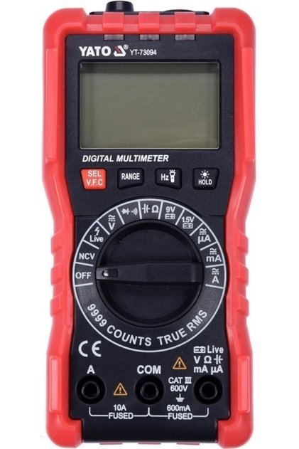 Contor digital multifunctional, Yato, Cu 2 cabluri testare, Ecran LCD, Negru/Rosu