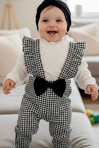 Baby Girl Houndstooth Patterned Ruffle Salopet Set