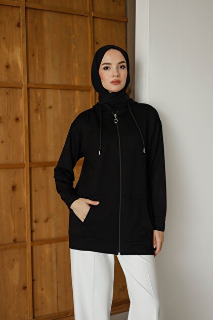 Kadın Kapüşonlu Ve Cepli Tesettür Sweatshirt - Hırka