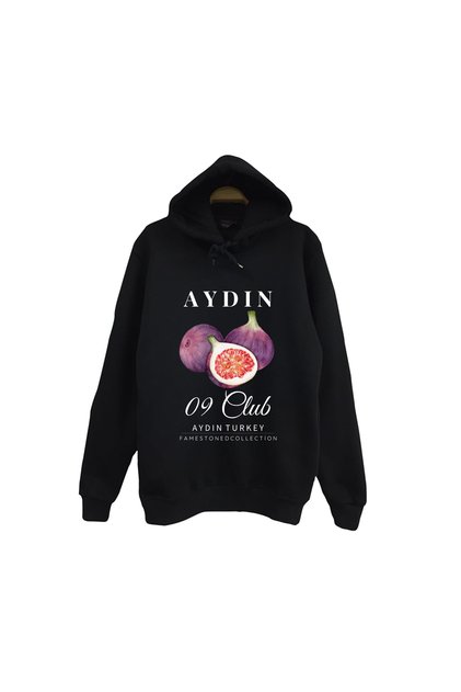 Aydın 09 - Fig - Fruit - Coast - Beach City Printed Unisex 100% Cotton Hooded Black Sweatshirt