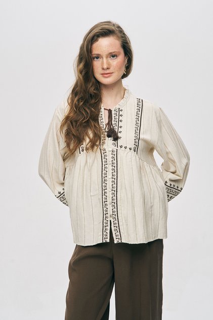 Women's Ethnic Embroidered and Tassel Detailed Shirt-Blouse
