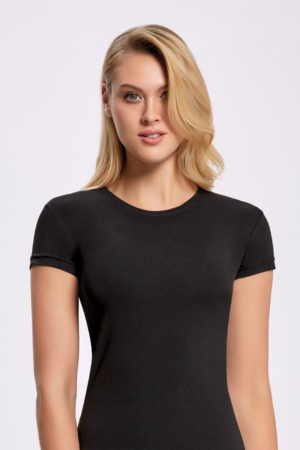 6 Pieces, Women's Crew Neck T-Shirt, Short Sleeve, Black, 92% Cotton & 8% Lycra