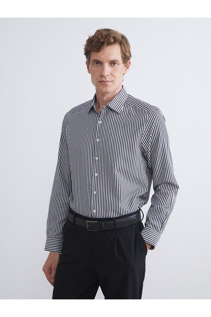Slim Fit Long Sleeve Striped Poplin Men's Shirt