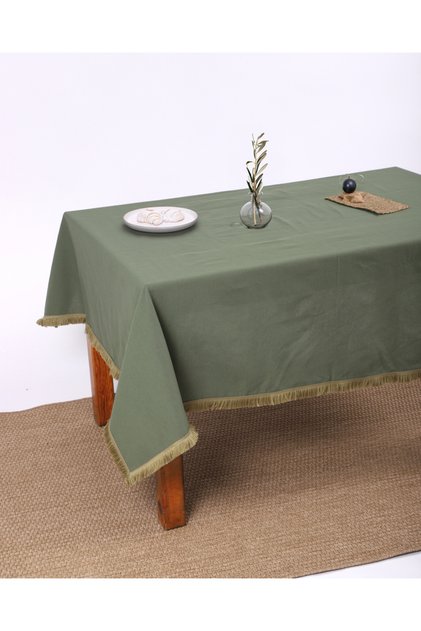 Premium Linen Khaki Tasseled Table Cloth