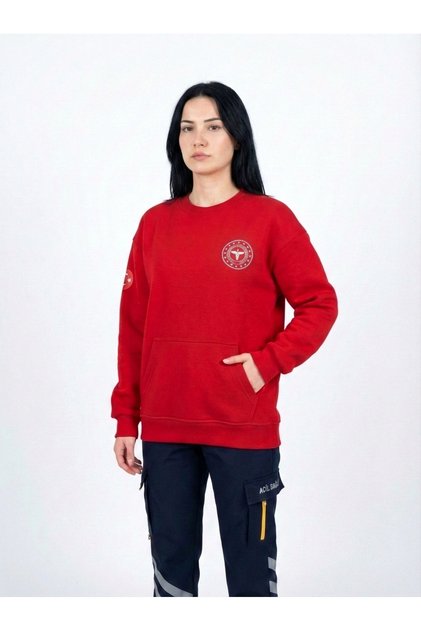 112 Emergency Health Sweatshirt Three Threaded Kangaroo Pocket Red Unisex