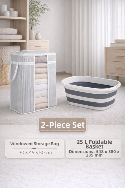 Set of 2 Windowed Clothing Storage Organizing Bags & 25 Lt Clothing Storage Dirty Laundry Basket