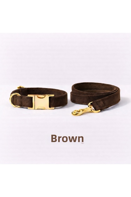 Brown Velvet Dog Collar and Leash Set, Adjustable Dog Collar.