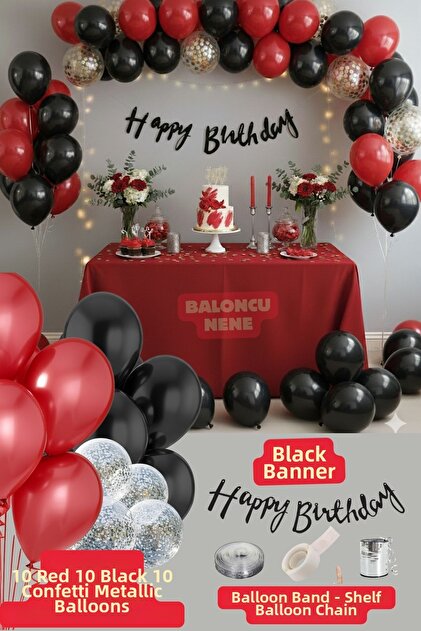 Black Happy Birthday Lettering with Silver Confetti 30 Pieces Black Red Balloon Party Birthday Concept