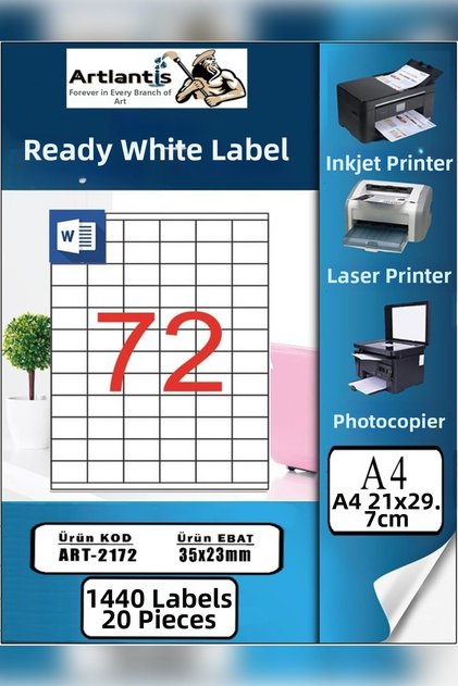 A4 Ready-Made Label 35X23 mm 20 Sheets 1 Pack of 72 Self-Adhesive Photocopy Laser Inkjet Paper