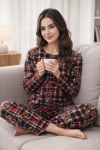 Set de pijamale din piele intoarsa cu maneca lunga 3564 pentru femei