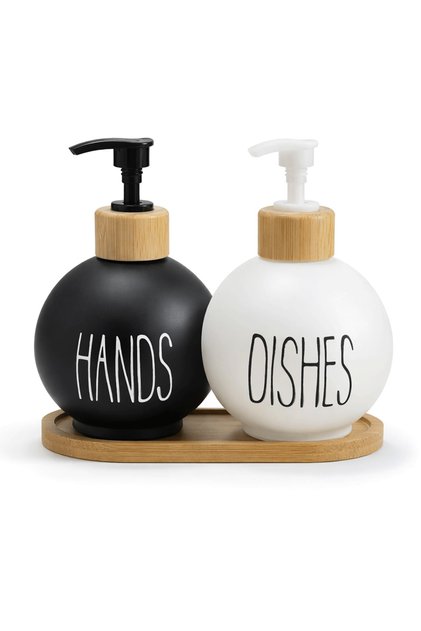 Modern Top Form Cam Sabunluk Seti 2’li – Bambu Standlı Hands & Dishes 500 ml Sıvı Sabunluk Takımı