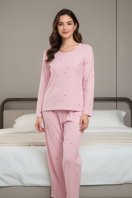 Pink Heart Patterned Thin Knitted Pajama Set Women's Crew Neck Long Sleeve