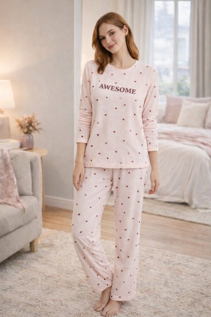 Women's Patterned Waffle Fabric High Quality Buttoned Long Sleeve Pajama Set