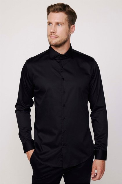 Slim Fit Long Sleeve Cotton Satin Premium Series Men's Black Shirt