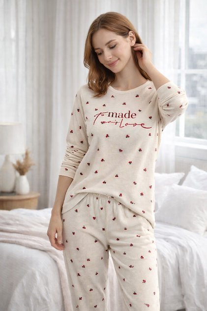 Women's Patterned Crew Neck Waffle Fabric High Quality Buttoned Long Sleeve Pajama Set