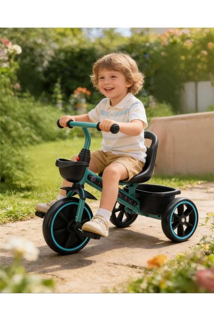 Bicicletă 3 roți, verde, pentru copii 2-4 ani, cu lumini magice