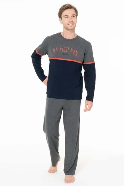 Men's Crew Neck Long Sleeve Pajama Set S26952 Comfortable Fabric with Pockets-Navy Blue-S