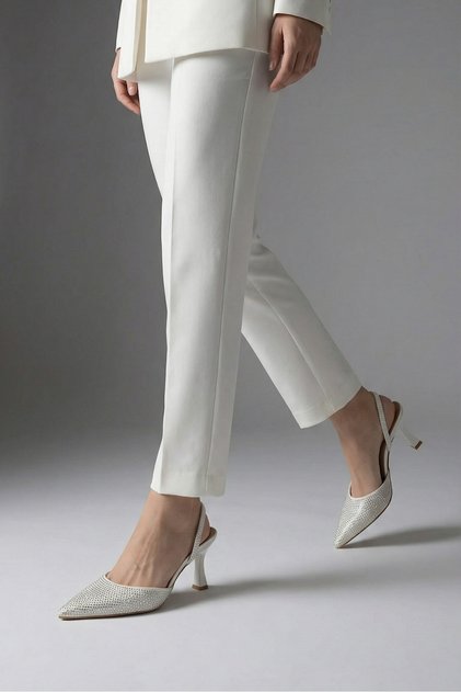 Women's White Beaded Detailed Pointed Toe Evening Dress Heeled Shoes 8cm Byndlst01